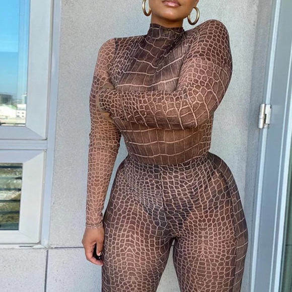 Plt Brown Mesh Croc Print Leggings 